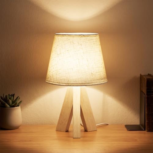 Tripod Table Lamp Small Bedside Lamp with Linen Fabric Shade, Mid Century Modern Nightstand Lamp for Bedroom Living Room Office Nursery, Wooden Legs(Cone) by Unknown