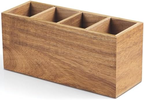 Bivvclaz Pencil Pen Holder for Desk, Acacia Wood Office Desk Organizers and Accessories with 4 Slots for Countertop, Makeup Brush Holder Organizer for Bathroom Vanity, Silverware Caddy for Party by Bivvclaz