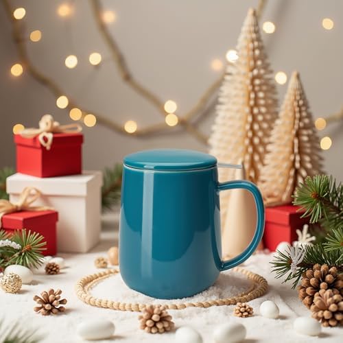 Sweese Porcelain Teacup with Infuser and Lid, 20oz, Steel Blue, Microwave Safe, Reusable - Image 6