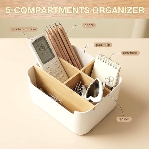 Cozary Bamboo Desk Organiser, Office Organiser with 5 Compartments, Pen Holder Desk for Office, Home and School, Desk Organiser Compact (18.2 x 14.6 x 9.3 cm) - Image 4
