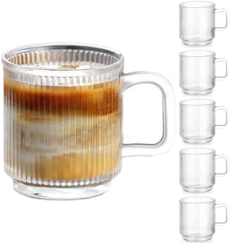 Qipecedm 6 PACK Premium Glass Coffee Mugs with Handle, 12 OZ Classic Vertical Stripes Glass Coffee Cups, Transparent Tea Cup for Hot/Cold Beverages, Glassware Set for Americano, Latte, Cappuccino by Qipecedm