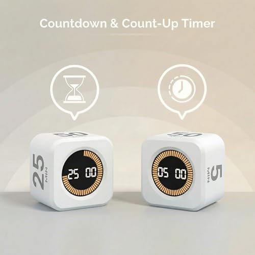 KADAMS Pomodoro Timer Visual - Productivity Pomodoro Cube, 5/10/25/50 Min Countdown & Countup, Silent – Ideal for Work Study Cook Workout Kitchen School Classroom Office Gift Kids (1, White) - Image 3