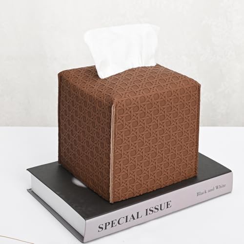 HOMOTEK 1 Pack Tissue Box Cover, Square PU Leather Tissue Holder, Decorative Facial Tissue Cube Paper Organizer Dispenser for Bathroom, Night Stands, Desk, Car 5X5X5'' - Rattan Weave, Chocolate by HOMOTEK