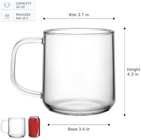 Aquach 20oz Glass Cups with Handle Set of 2, Clear Borosilicate Latte Mugs - Image 3