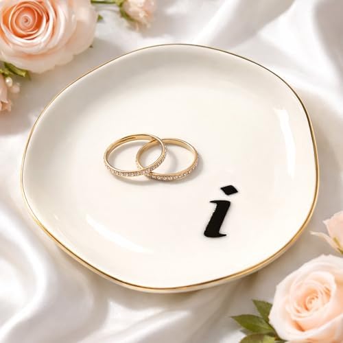Initial Ring Dish - White Ceramic Jewelry Tray for Nightstand & Sink, Anti-Loss Trinket Organizer, Meaningful Engagement or Birthday Gift for Women, Sister, Friends (Letter I) by Unknown