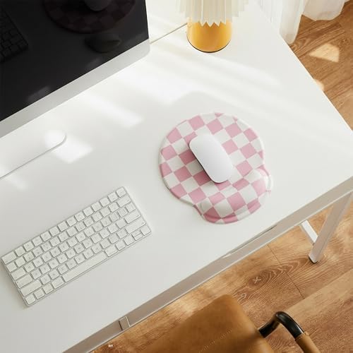 Ohocut Pink Checkered Mouse Pad with Gel Wrist Rest, Wrist Support, Ergonomic Desk Accessories for Girls Women, Office Laptop Gaming Decor, Cute Aesthetic Trendy Check Design - Image 2