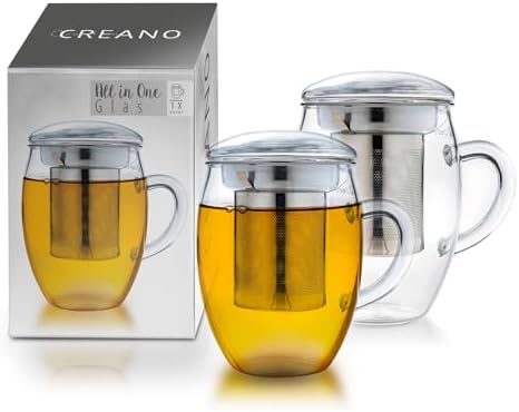 Creano 2pcs All-In-One Tea Glass with Stainless Steel Infuser and Lid - 14oz (400ml) by Creano