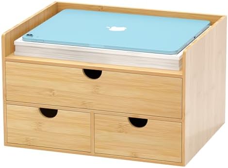 Bamboo Desk Drawer Organizer, Large Desktop Organizer with Drawers Tabletop Storage Organization Box for Office Home Toiletries Supplies Vanity, No Assembly Required (3 Drawer with Shelf) by Wisuce