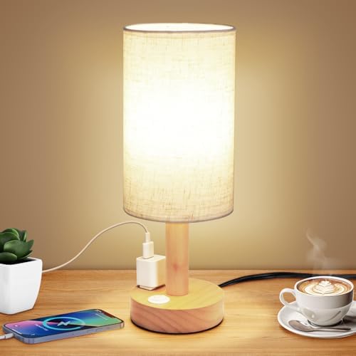 Small Bedside Table Lamp with AC Outlet, Natural Wood Base & Linen Shade, Mini Cute Cozy Warm White Nightstand Boho Lamp, Study Desk Night Stand Light for Bedroom, Kitchen, Nursery, Living Room by UCHENTON