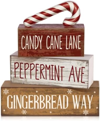 Moucuny 4 Pcs Christmas Table Decor Candy Cane Lane Sign, Wood Block Set by Moucuny