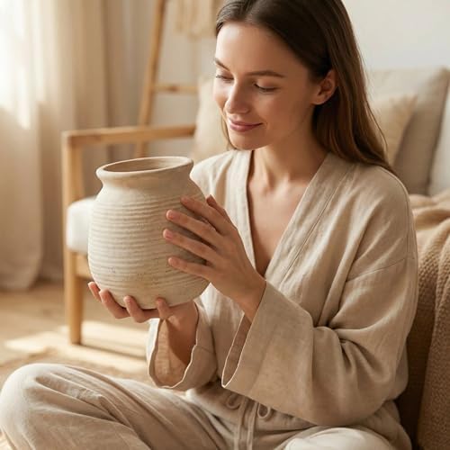 Rustic Terracotta Pot, 7 Inch Short Farmhouse Vase with Weathered Texture Vintage-White, Boho Home Decor for Pampas Grass, Tabletop, Mantel and Shelf Styling - Image 7