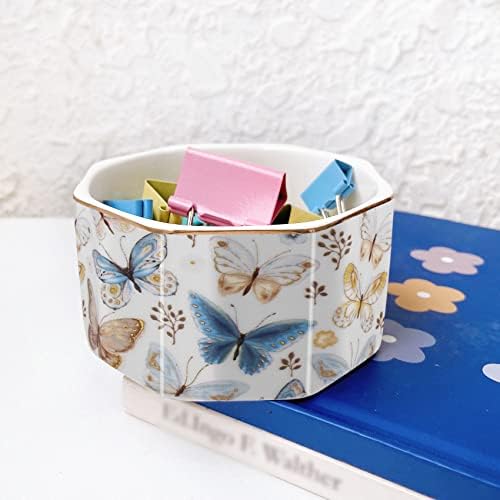 Ceramic Paper Clip Holder Gold Line Paper Clip Dispenser Organizer for Desk Cute Floral Butterfly Pattern Office Binder Clip Holder Bobby Pin and Hair Clip Holder Gift for Office Butterfly - Image 2