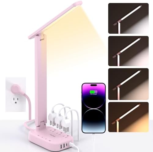 LED Desk Lamp, Power Strip with 4 USB 3 Outlets, Dorm Room Essentials, Pink by OneBeat