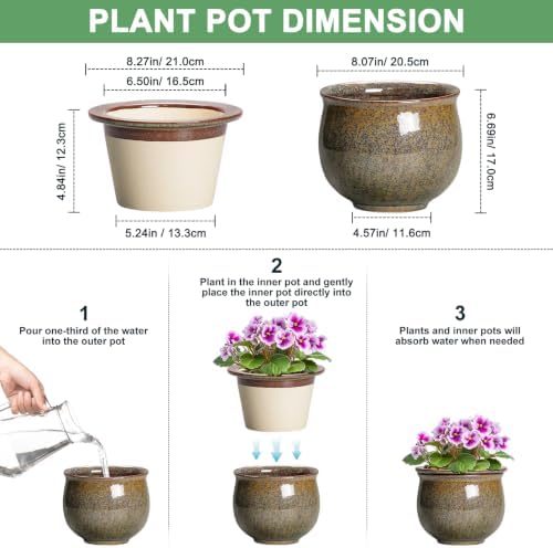 Ceramic Self Watering Pots, 8 Inch Ceramic Planter, Yellowish Brown - Image 2