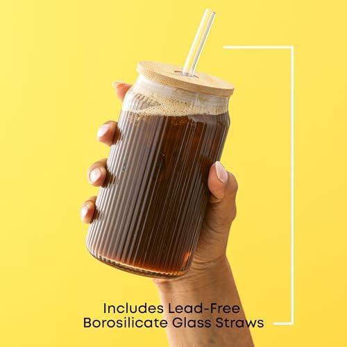 JoyJolt Fluted Glass Tumblers with Bamboo Lids and Glass Straws, Ribbed Can Shaped Drinking Glasses Set of 4, 16oz Cup with Lids and Straws, Iced Coffee Cups, Cocktail/Beer Glasses, Tea Cups - Image 4