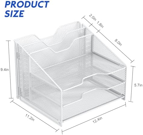 Samstar White Desk File Organizer, Mesh Letter File Folder Holder with 3 Paper Trays and 2 Vertical Upright Section, for Office Supplies, Desk Accessories & Workspace, White - Image 3