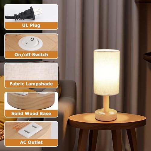 Small Bedside Table Lamp with AC Outlet, Natural Wood Base & Linen Shade, Mini Cute Cozy Warm White Nightstand Boho Lamp, Study Desk Night Stand Light for Bedroom, Kitchen, Nursery, Living Room - Image 6