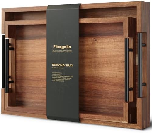 Fibogollo Acacia Wood Set of 2 Serving Tray with Metal Handles,Ottoman Decorative Trays Platter for Coffee Table,Living Room,Bar,Party by Fibogollo