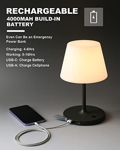 WEILAILUX Outdoor Battery Operated Table Lamp Waterproof, 4000mAh Cordless Table Lamp Rechargeable, Touch Dimmable Desk Lamp, LED Night Light for Patio Camping Restaurant Home, H9.6in, Dark Grey - Image 6