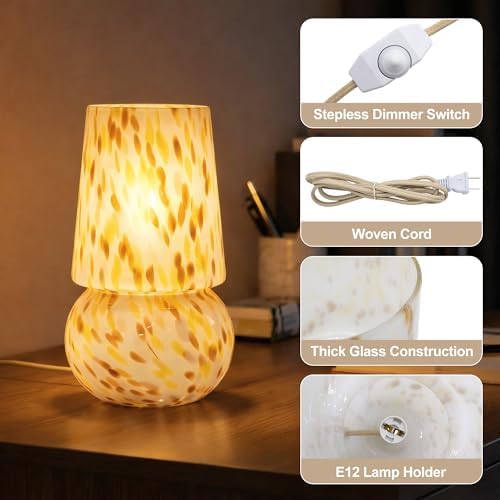 9.8″ Mushroom Glass Table Lamp, Dimmable Modern Beside Lamp, Cream Gold - Image 3