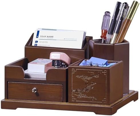 Bamboo Desk Organizer with Drawer, Wood Pen Holder & Card Slot, Brown - Image 2