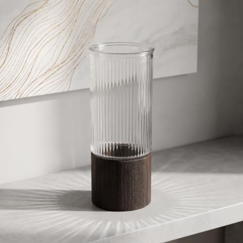 UKCOCO Glass Vase with Wood Stand, Rustic Striped Cylinder for Home Decor - Image 6