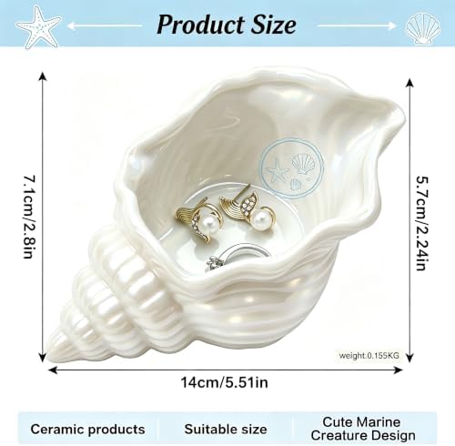 Jewelry Dish Tray For Coastal Beach Room Decor,Cute Ceramic Ring Holder Gift For Women Sister Mom Friend,Decorative Trinket Jewelry Organizer Tray For Rings Earrings Necklaces ets (WhiteConch) - Image 2