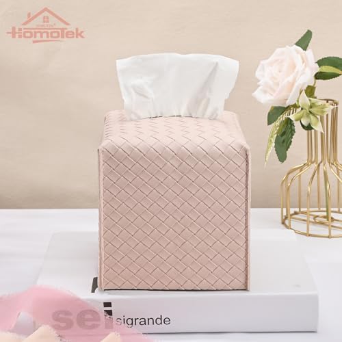 HOMOTEK 2 Pack Tissue Box Cover, Square PU Leather Tissue Holder, Decorative Facial Tissue Cube Paper Organizer Dispenser for Bathroom, Night Stands, Desk, Car 5X5X5'' - Woven Waffle,Macaron Pink - Image 5