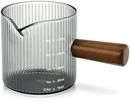 Espresso Measuring Cup 4 Oz, Espresso Glass Cups with Wood Handle, Milk Frothing Cup, Espresso Cup for Coffee, Milk, Tea or Maple Syrup Serving (Gray, 4 oz) by Unknown