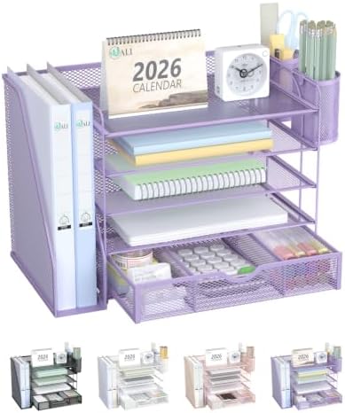 WALI Desk File Organizer, 5 Tier Desktop Paper Letter Tray Organizer with Drawer and 2 Pen Holders, Office Desk Accessories & Workspace Organizers for Office, Home Supplies(DO006DH-V), 1 Pack, Purple by WALI