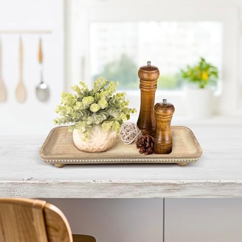 Dwellington Oval Wooden Decorative Tray, Farmhouse Style, Beaded Serving Tray for Living Room, Coffee Table (White Wash) - Image 6