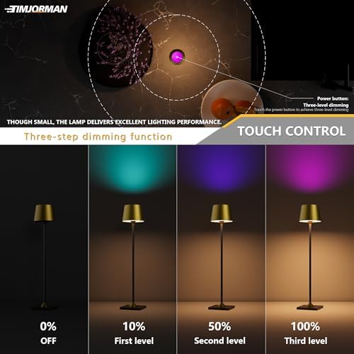 Timjorman Compact Cordless Table Lamp, Rechargeable LED Night Light, Dual Light Source (RGB Top & Warm Bottom), Touch Control & Timer, Metal Lamp for Bedroom & Kids Room (Antique Brass & Black) - Image 4