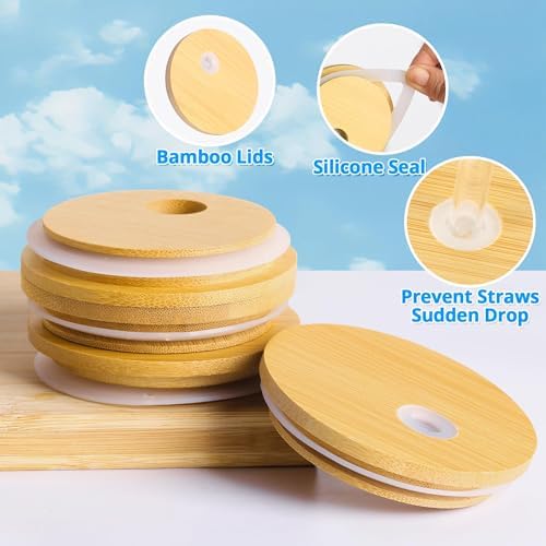Glass Cups with Lids and Straws - 16 oz Iced Coffee Cups, Vintage Ribbed Drinking Glasses with Bamboo Lids, Glass To-Go Cup, Party, Tumbler for Juice, Beer, Coffee, Milk, Cocktail, Water (4 Pack) - Image 3