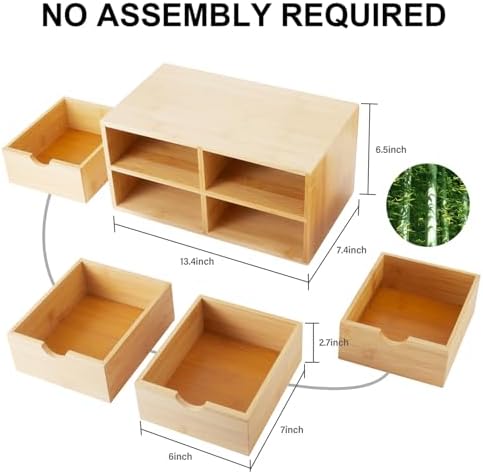 Bamboo Desk Organizer 4 Drawers, Countertop Organizer with Drawers Makeup Storage Drawer 4 Drawers Tabletop Storage Organization Box Home Office Workspace - Image 2