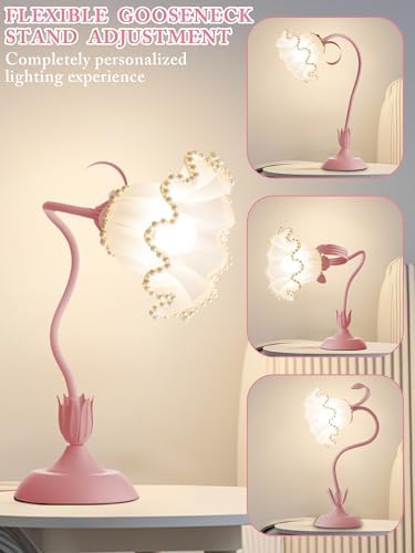 Flower Table Lamp LED Reading Light Vintage Night light (Pink Pearls) - Image 4