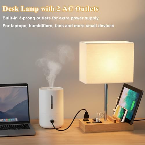Briever USB Table Lamp, Multi-Functional Desk Lamp with 2 AC Outlets, Bedside Lamp with 3 USB Charging Ports and Wooden Phone Stands, Nightstand Lamp for Bedroom, Livingroom, Office, Natural Wood - Image 6