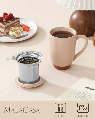 MALACASA Ceramic 18 oz Tea Mug with Lid and Infuser, Khaki Pink - Image 3