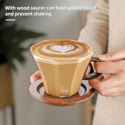 Bincoo Glass Mug with Wooden Handle and and Saucer Set-280ML Glass Coffee Cup Heat Resistant Lightweight Tea Mugs Ideal for Home, Cafe, Coffee Bar(Grey) - Image 2