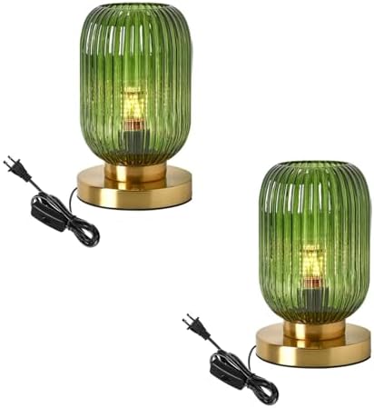 Glass Table Lamp of 2 Mid Century Table Lamps Modern Globe Table lamp Vintage Gold Desk Lamp Nightstand Lamp with Green Ribbed Design Shade for Bedside Bedroom Living Room Offic by Auwieou
