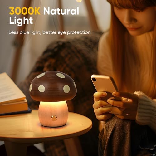 LONRISWAY Cordless Wood Mushroom Lamp, Small Battery Operated Wooden Table Lamp Portable Night Light, Stepless Dimmable Touch Control Warm LED Light for Bedroom, Nursery, Patio Decor - Image 2