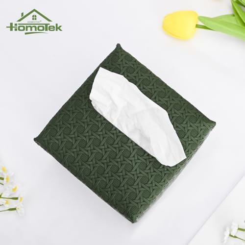 HOMOTEK 1 Pack Tissue Box Cover, Square PU Leather Tissue Holder, Decorative Facial Tissue Cube Paper Organizer Dispenser for Bathroom, Night Stands, Desk, Car 5X5X5'' - Rattan Weave, Emerald Green - Image 2