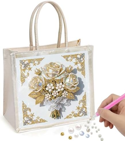 Xylzzuit DIY Pearl Painting Canvas Tote Bag Kit 11.42IN Diamond Art Handbag for Women Shopping Grocery Bag Dots Beads Art Craft Gift (Flower01) by Xylzzuit