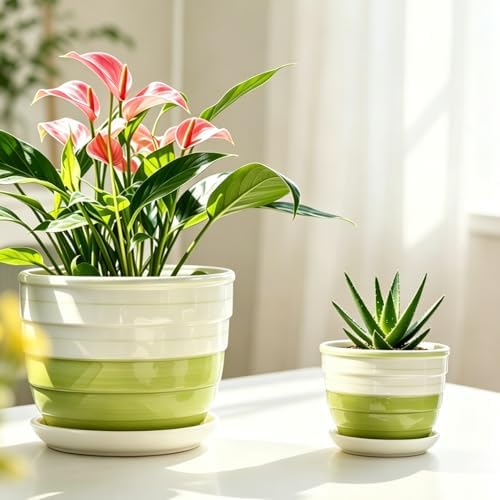 Vintage Flower Pots for Indoor Plant, Round Ceramic Plant Pots with Drainage Holes and Saucers, 6.7/5.2/3.9 Inches Retro Flower Planters Set of 3 - Image 3