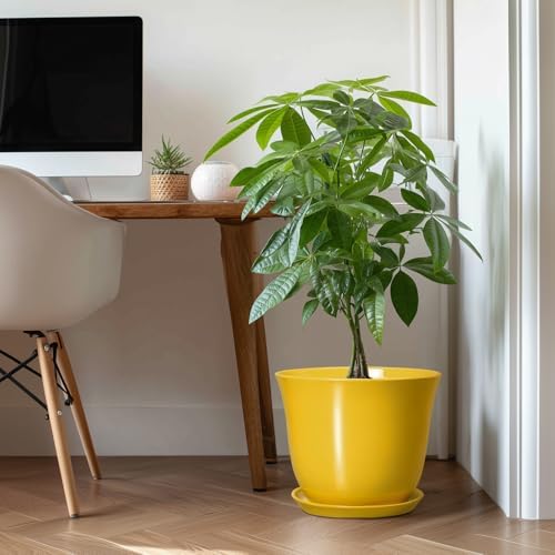 12 Inch Plant Pot - Ceramic Plant Pots with Drainage Hole and Saucer, Large Round Planter for Indoor Outdoor, Modern Flower Pot, Decorative Planters, Home Garden Decor, Garden Gifts, Yellow - Image 3
