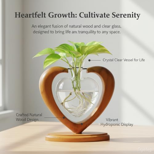 Plant Propagation Station, Heart Glass Vase, Solid Wooden Stand - Image 5