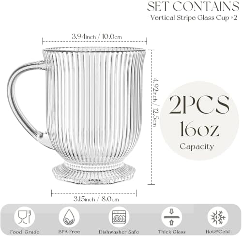 KEMORELA 16oz Ribbed Glass Coffee Mugs Set,Large Glass Mugs with Handle - Image 3