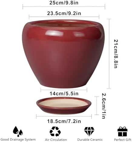 Ceramicfor 10 Inch Plant Pot, Ceramic Planter, Red - Image 3