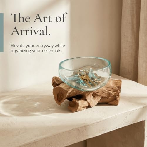 The Bridge Collection Decorative Glass Bowl On Wooden Base – Glass Trinket Dish for Keys Jewelry Or Small Essentials – Coastal Catchall Dish for Tabletop Display - Image 2