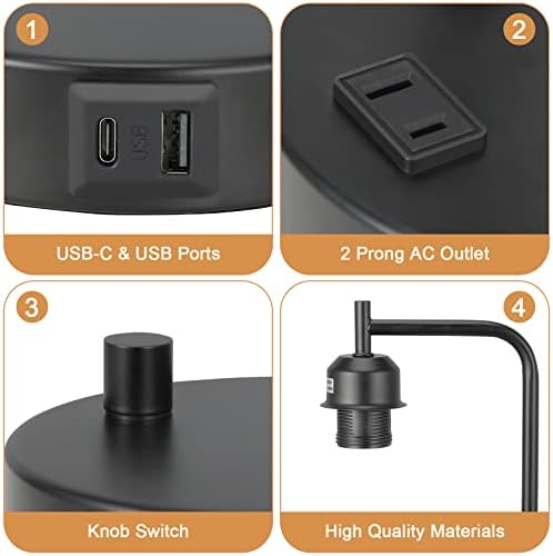 Innqoo Industrial Small Desk Lamp for Nightstand - Amber Clear Glass Shade Table Lamp with USB C Port, Fully Dimmable Black Bedside Lamp with USB Port and Outlet, Bedroom Lamp for Reading Office - Image 6