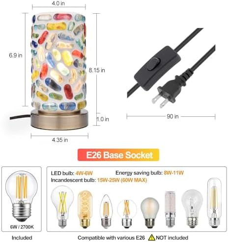 Handmade Turkish Mosaic Table Lamp, Cylinder Stained Pebbles Glass Pieces Nightlight with Antique Brass Base, Colorful Boho Accent Lamp for Bedroom, Living Room, Meditation Decor, LED Bulb Included - Image 5